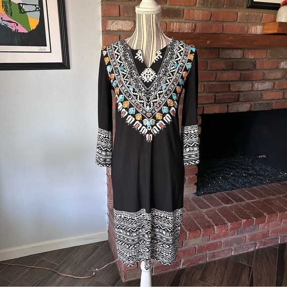 Chico’s Aztec Embellished Sheath Dress in Black Sz S - Picture 1 of 8